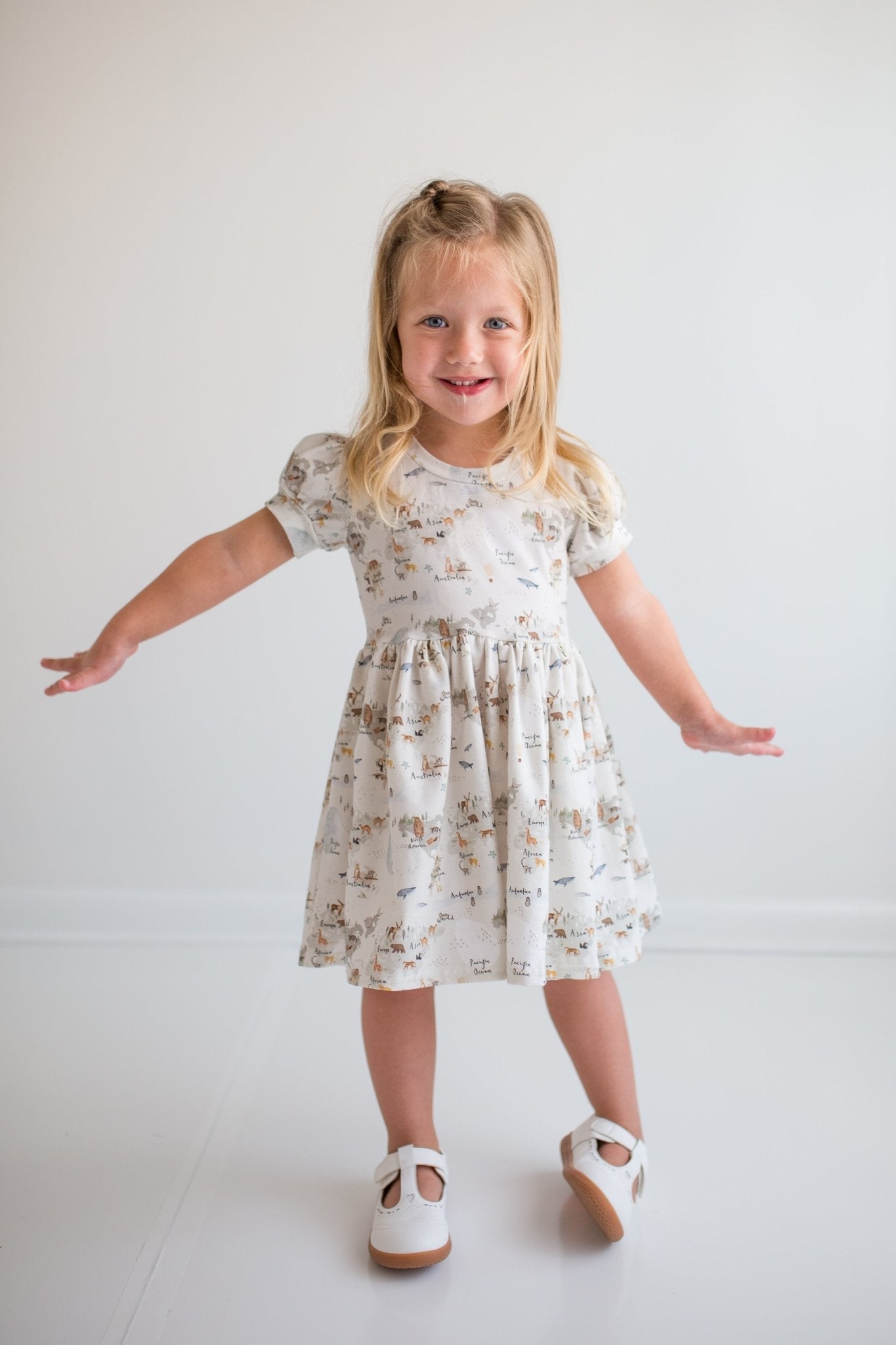 World Map Puff Sleeve Dress - Astrid & Friends