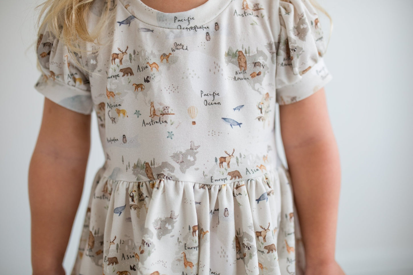 World Map Puff Sleeve Dress - Astrid & Friends